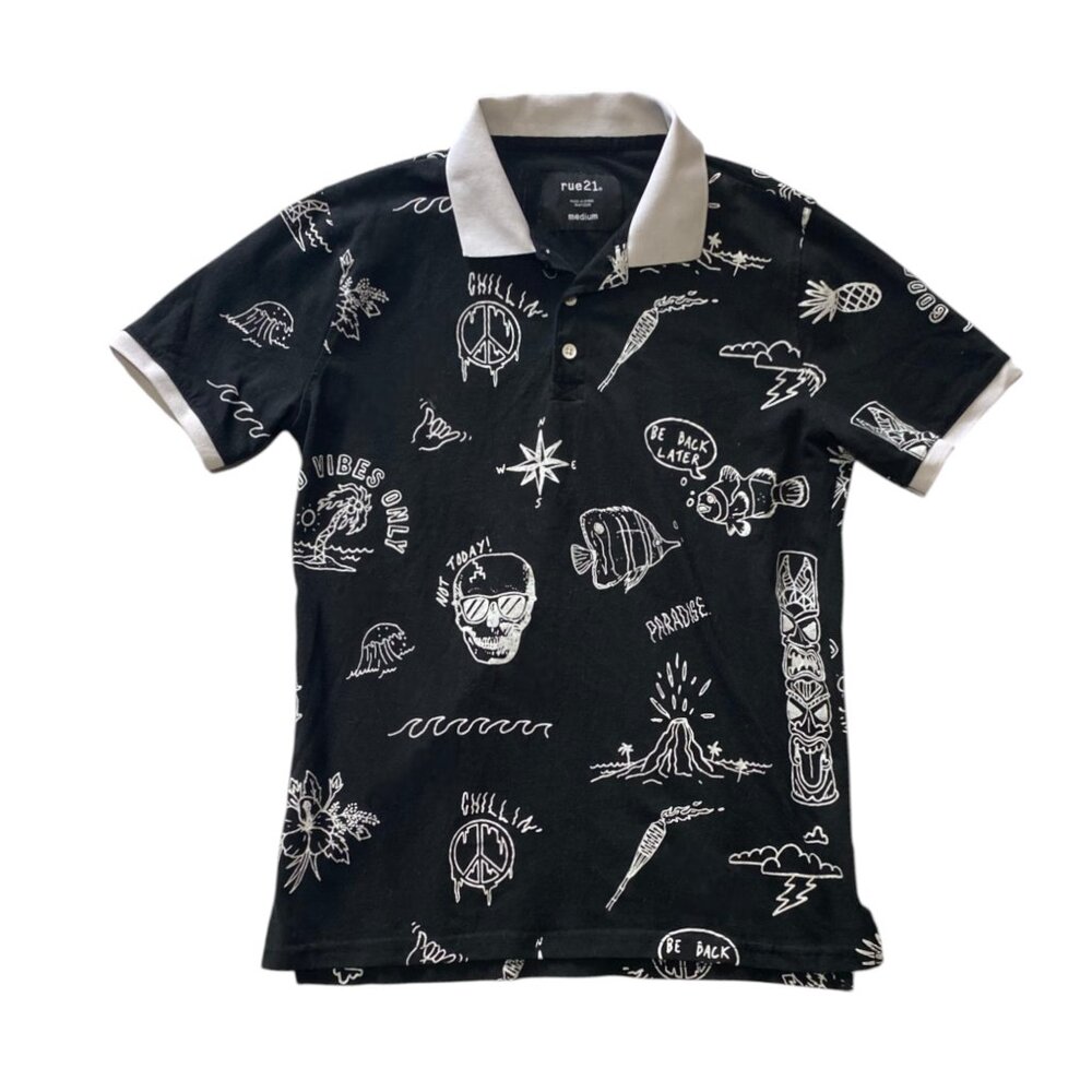 Rue21 Black & White Patterned Polo – Medium
